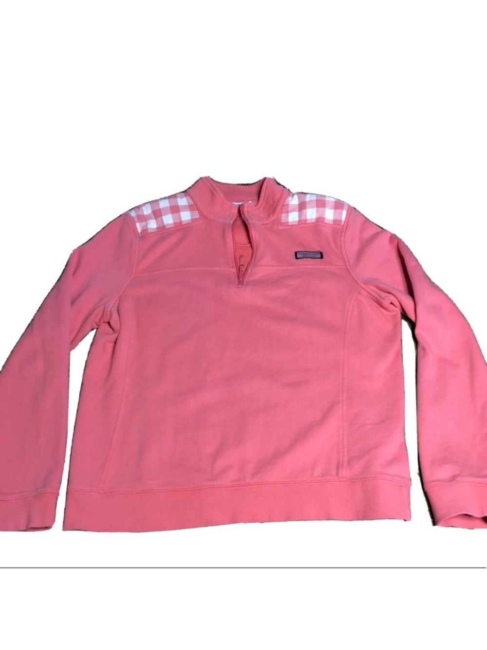 Vineyard Vines Pink Quarter-Zip Pullover with White Gingham Shoulder Panels